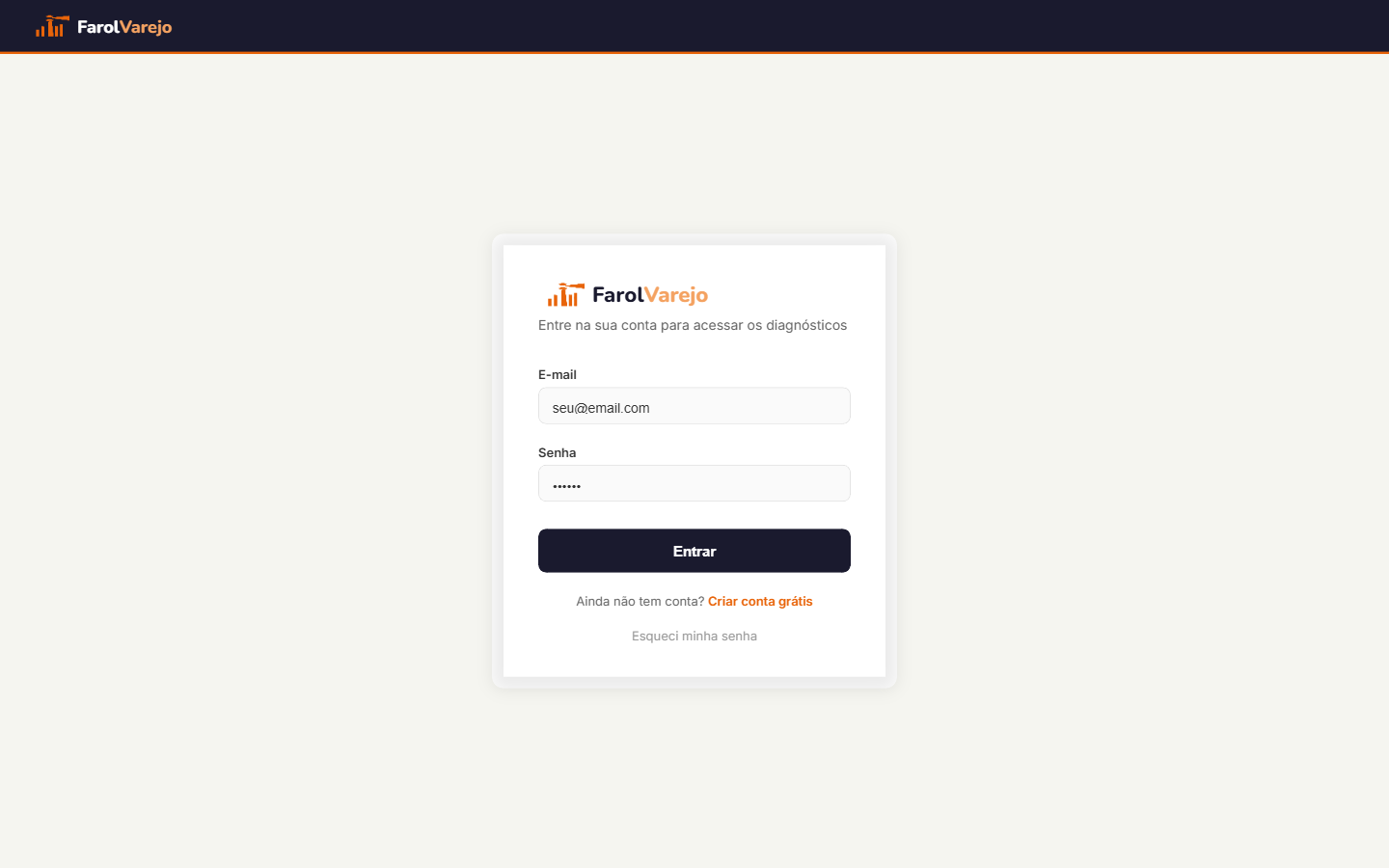 Tela de login do FarolVarejo